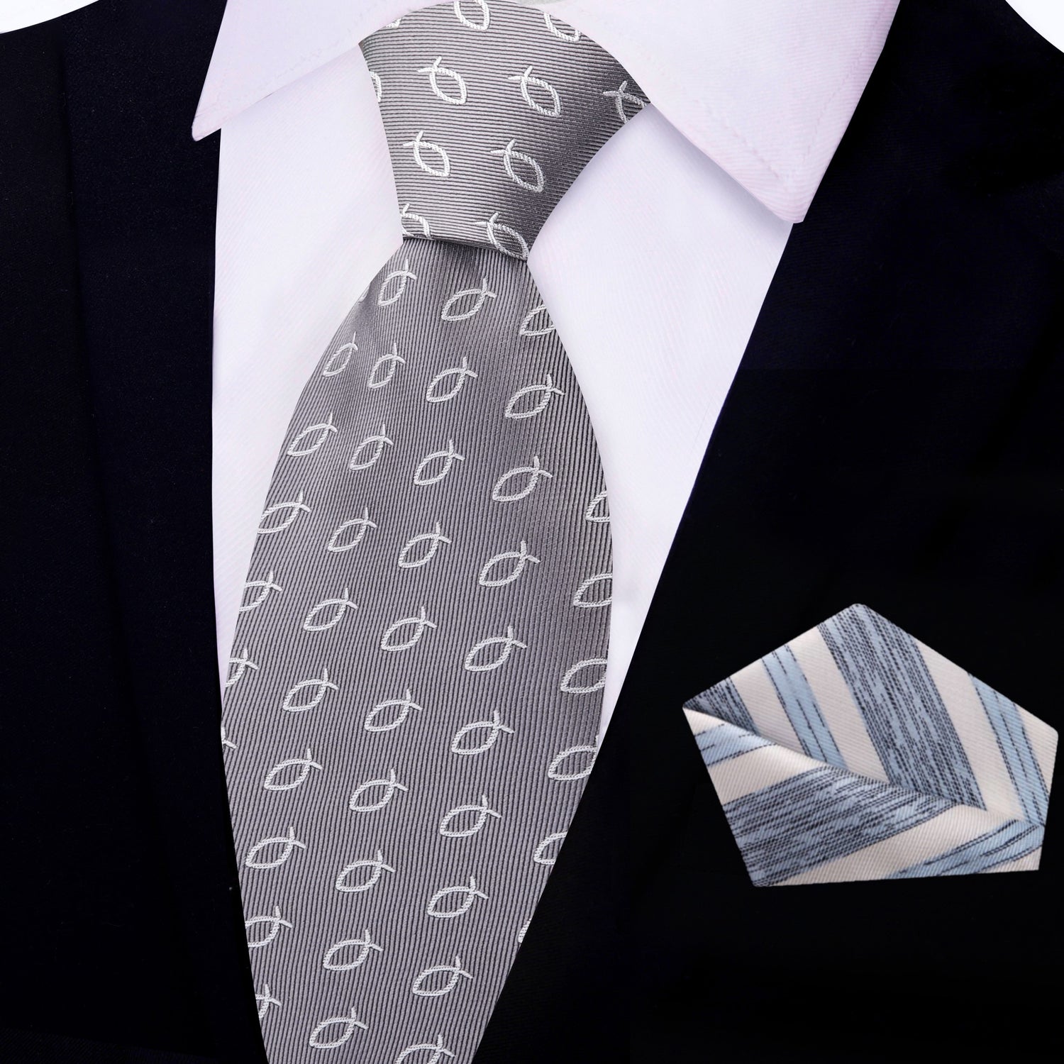 View 2: Grey, Light Grey Christian Fish Tie and White, Light Blue Square