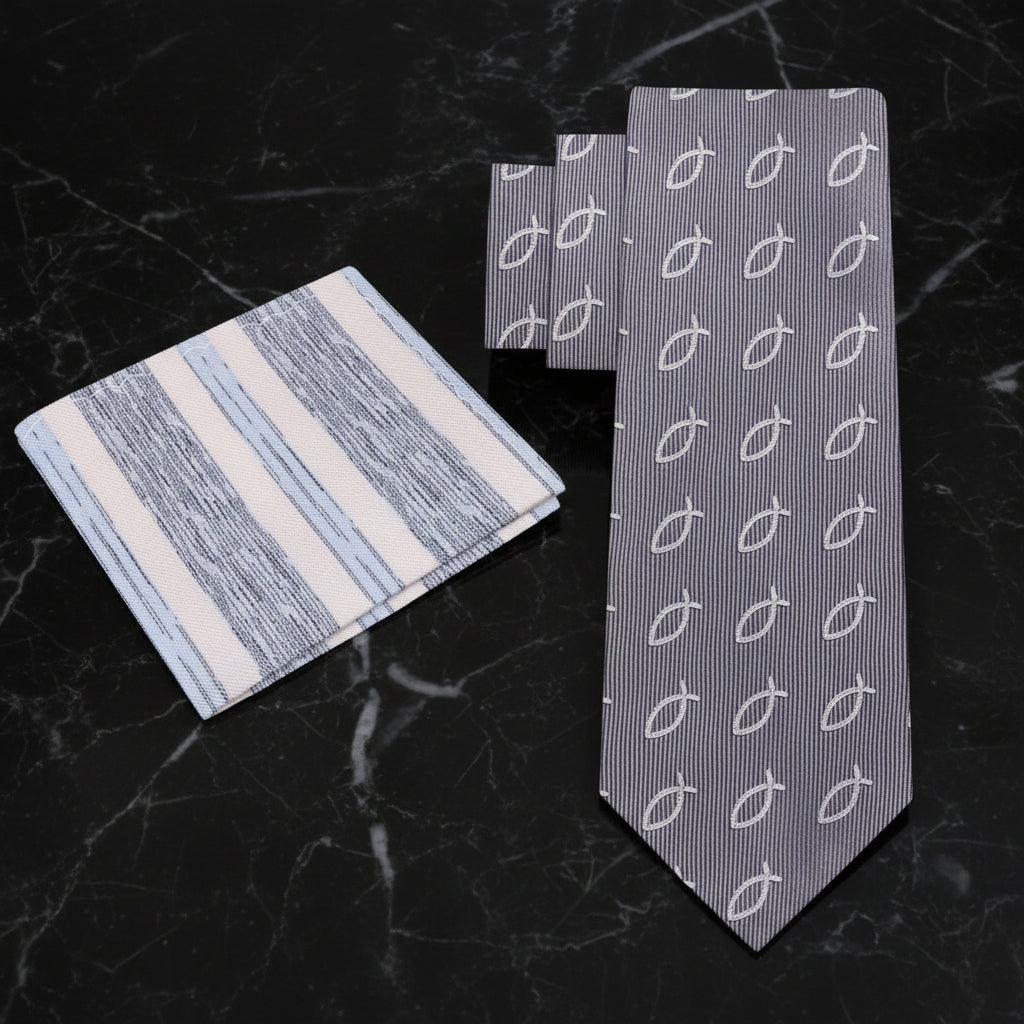 Alt View: Grey, Light Grey Christian Fish Tie and White, Light Blue Square