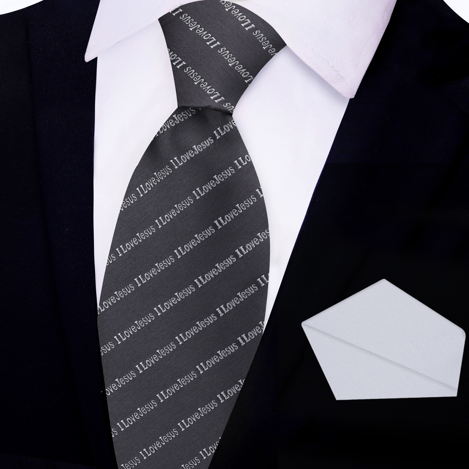 View 2: Grey, Light Grey I Love Jesus Tie and Pale Grey Square