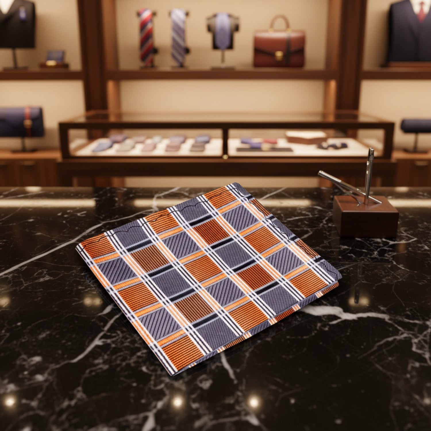 Grey, Orange Check Pocket Square