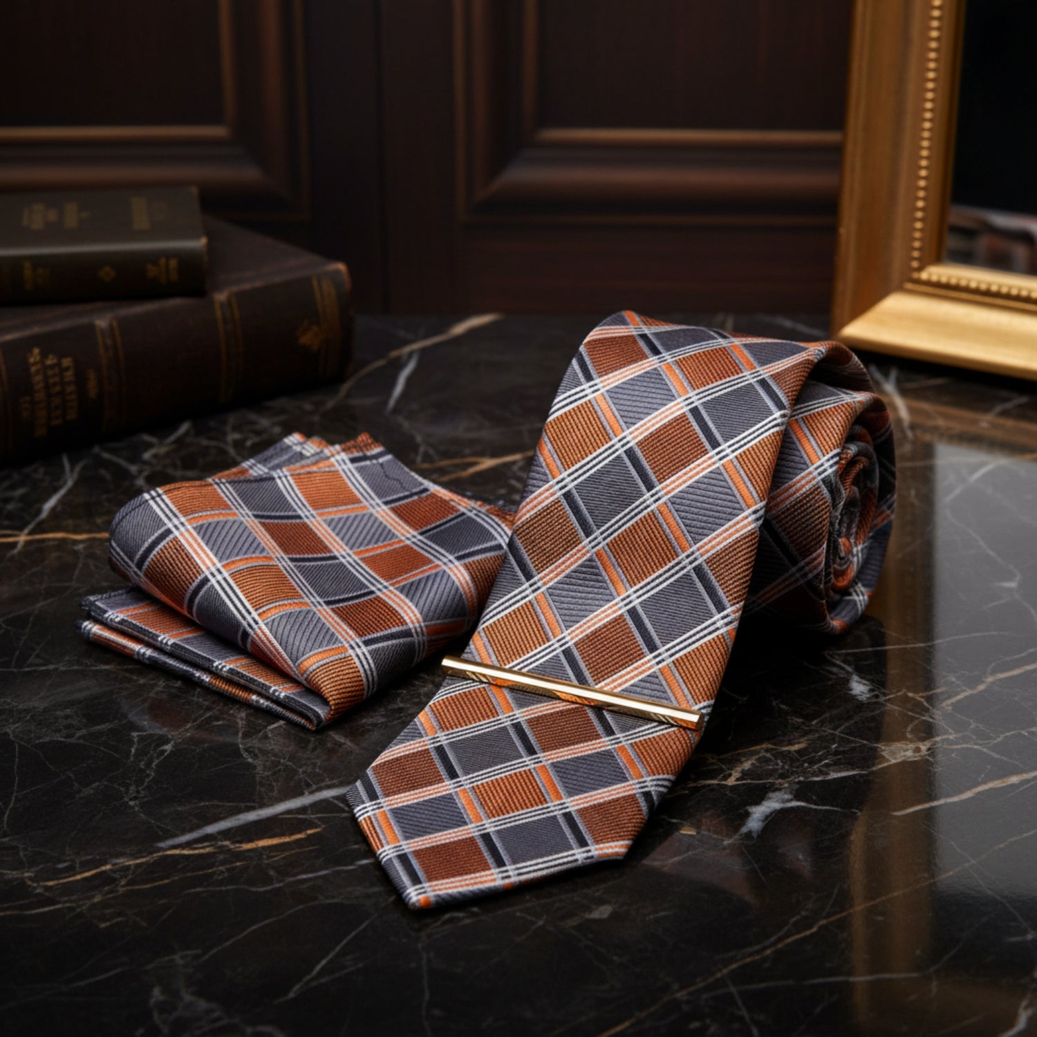Alt View: Grey and Orange Check Tie and Pocket Square