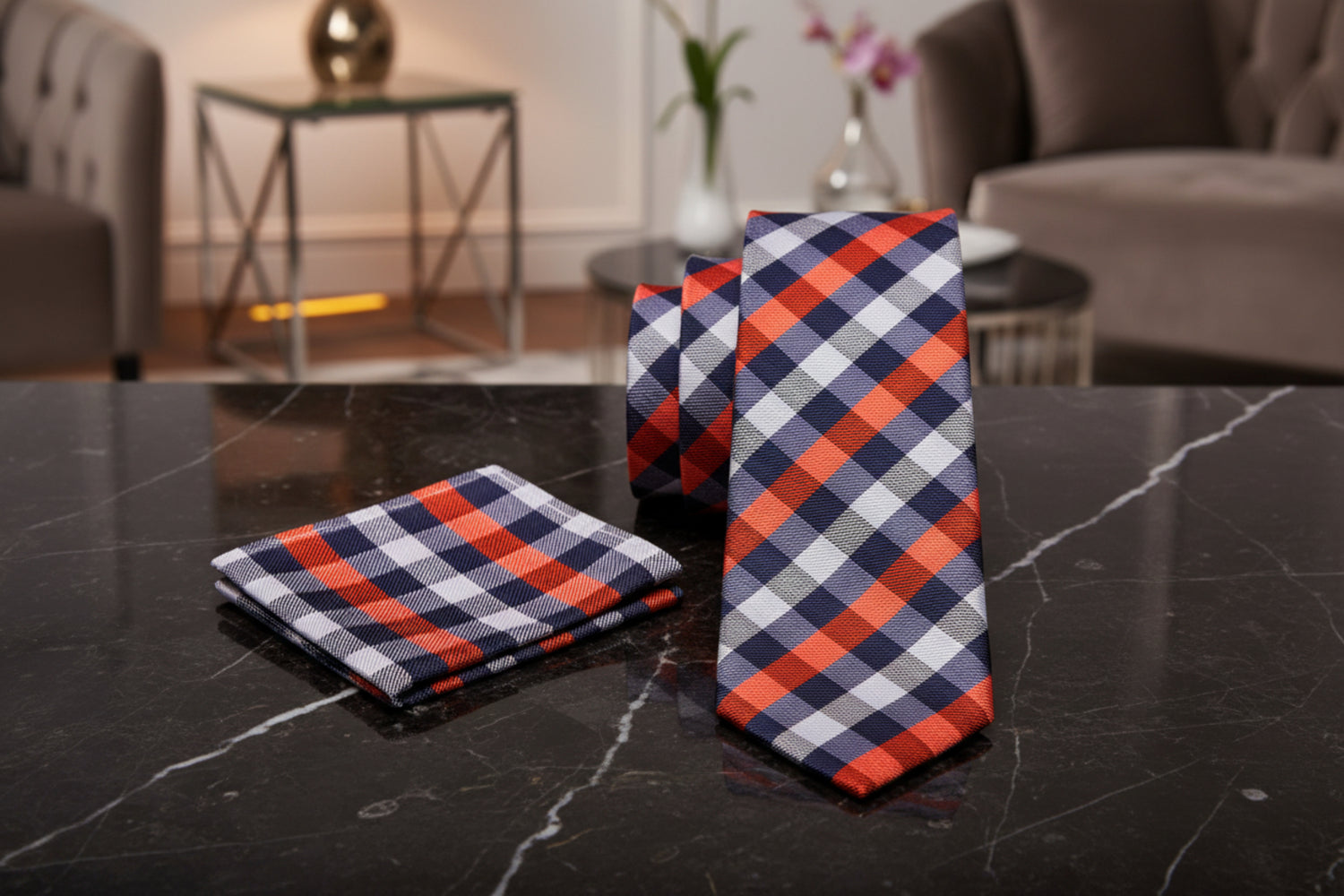 Alt View: A Orange, Grey, White Small Geometric Checker Pattern Necktie, With Matching Pocket Square
