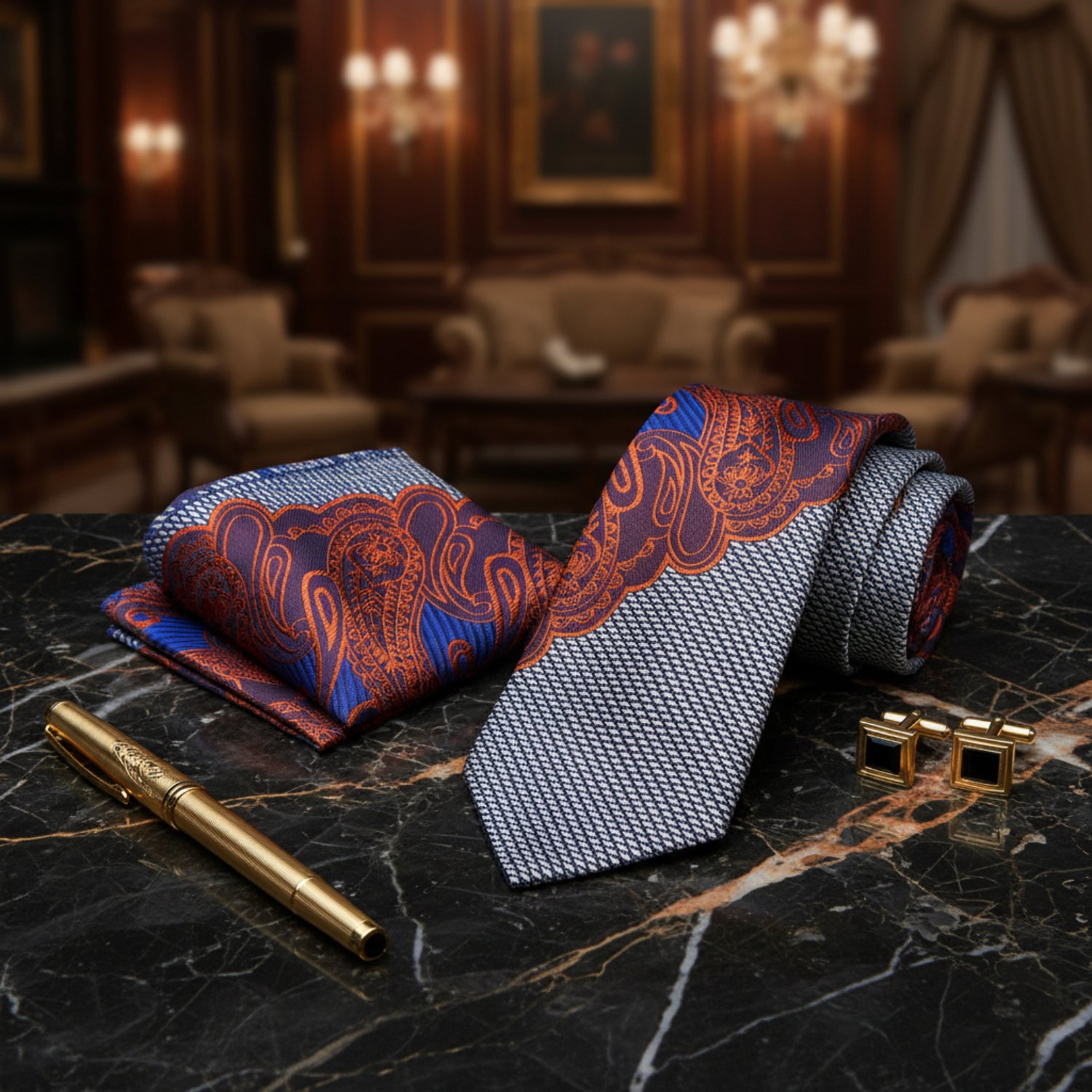 Alt View: Blue, Orange Paisley Tie and Square