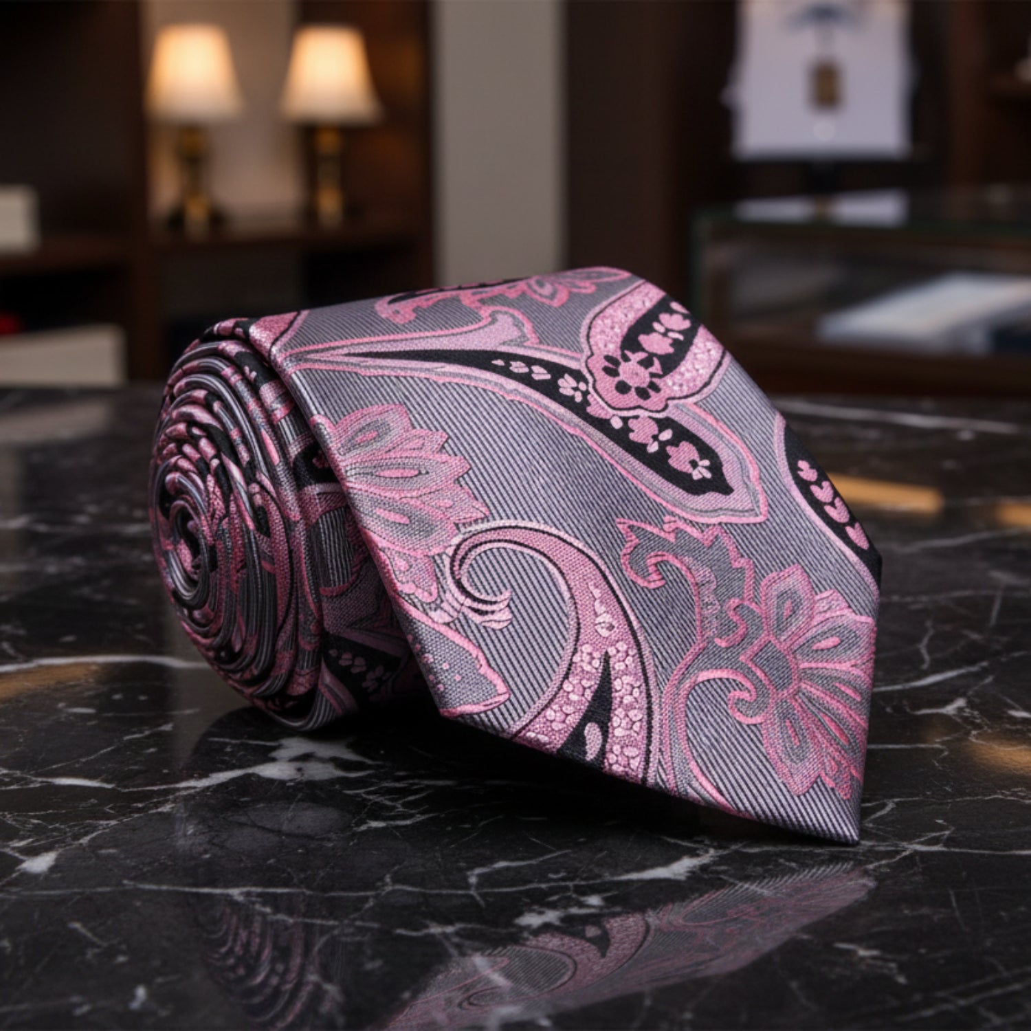 View 2: Silver Pink Salmon Paisley Tie 