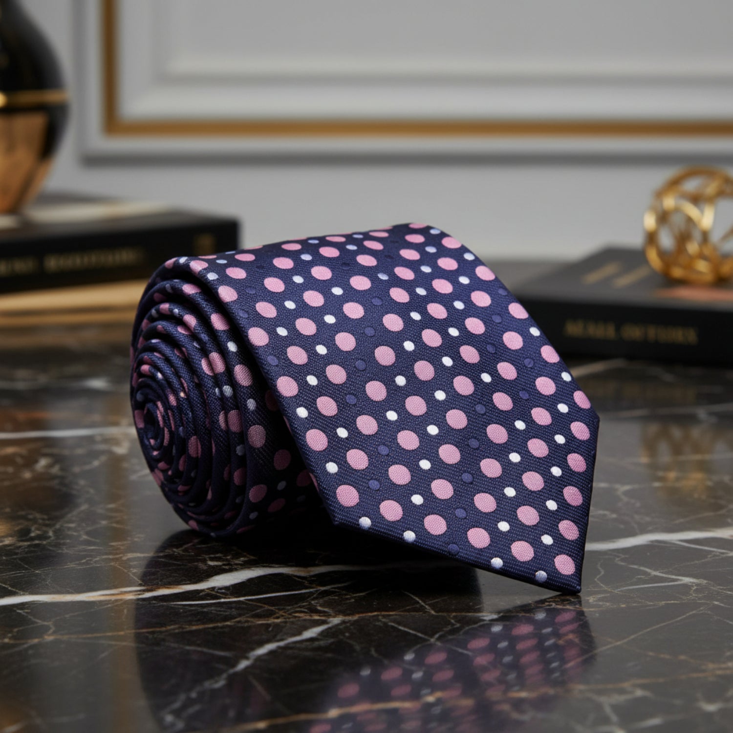 A Grey, Pink, White Polka Dot Pattern Necktie 