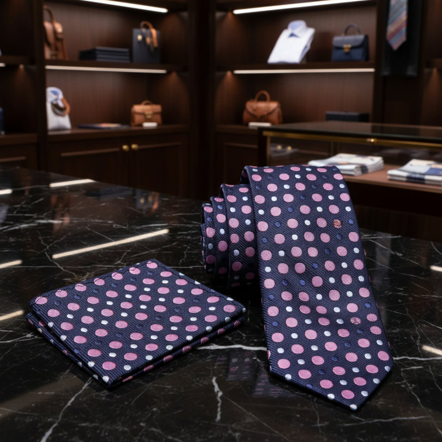 Alt View: A Grey, Pink, White Polka Dot Pattern Necktie, Matching Pocket Square