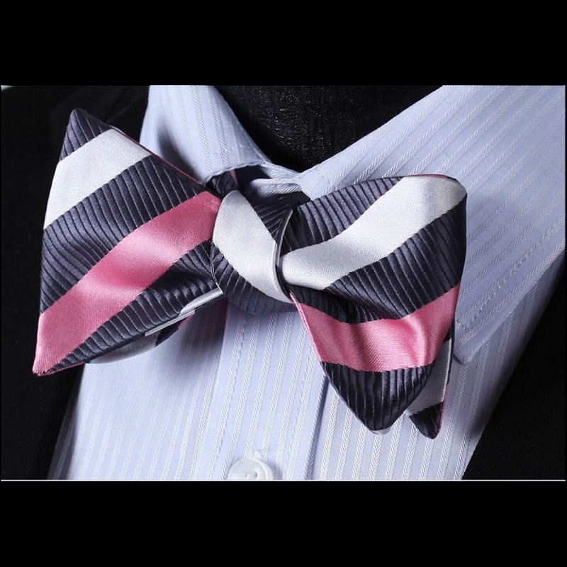 A Pink, Grey, White Stripe Pattern Self Tie Bow Tie