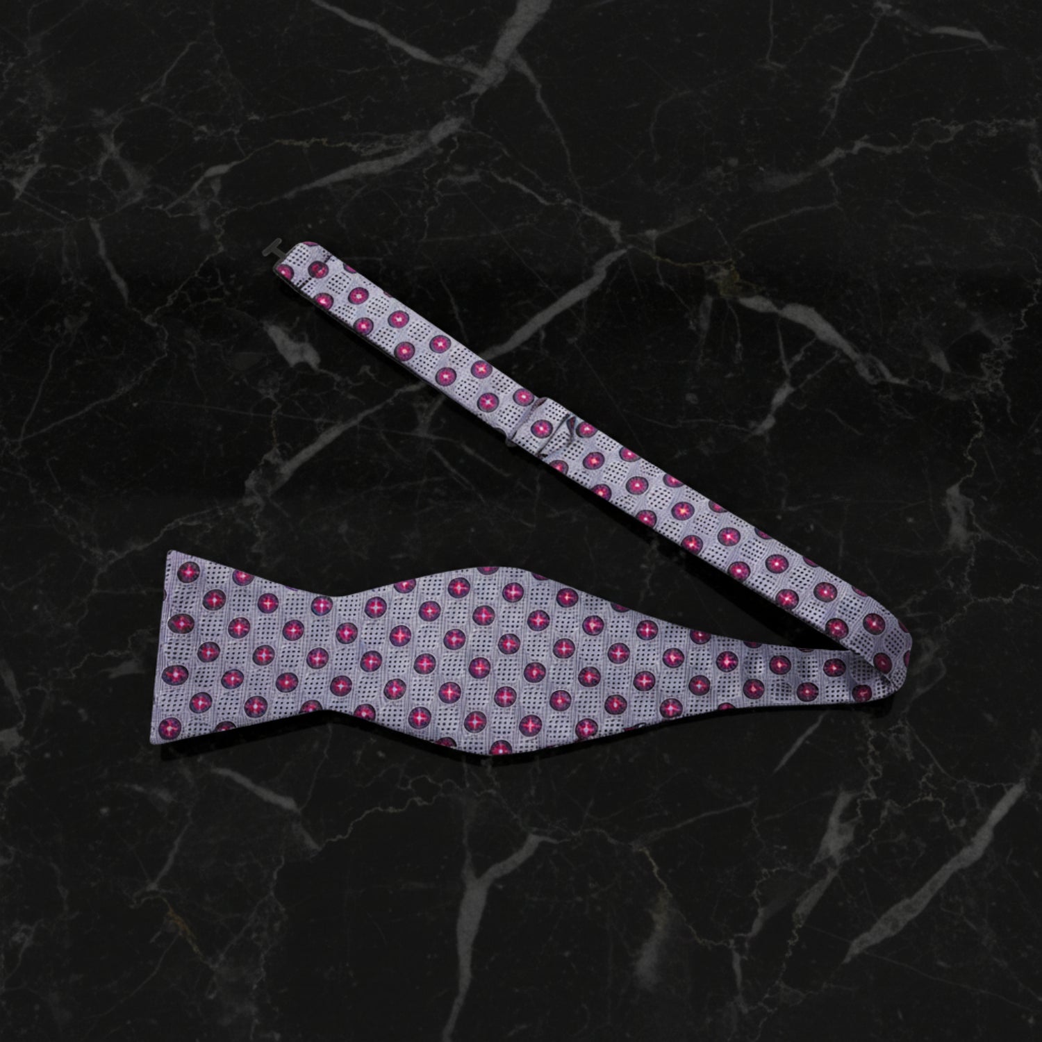 A Grey, Dark Pink Circles and Flowers Pattern Self-Tie Bow Tie Untied