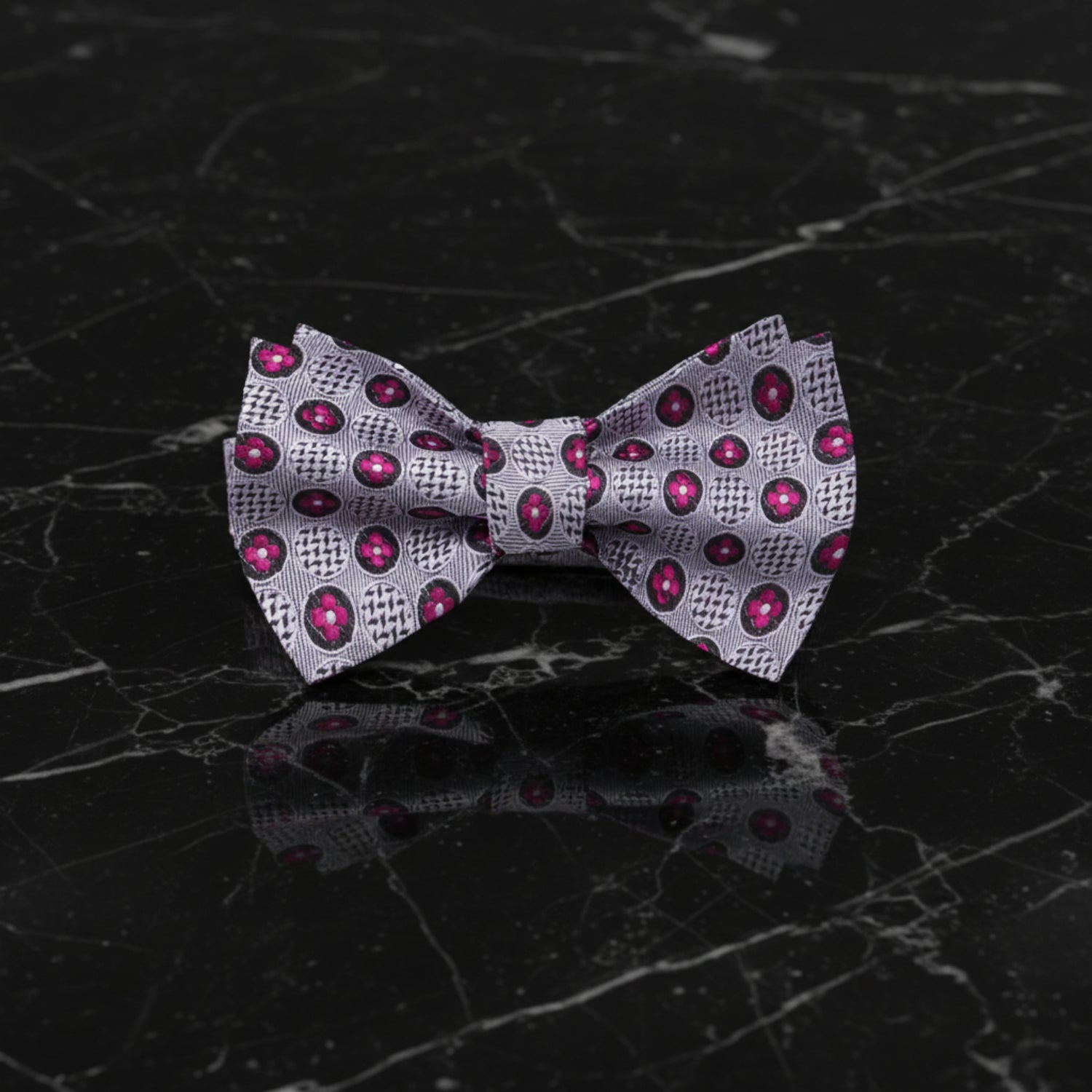 A Grey, Dark Pink Circles and Flowers Pattern Self-Tie Bow Tie 
