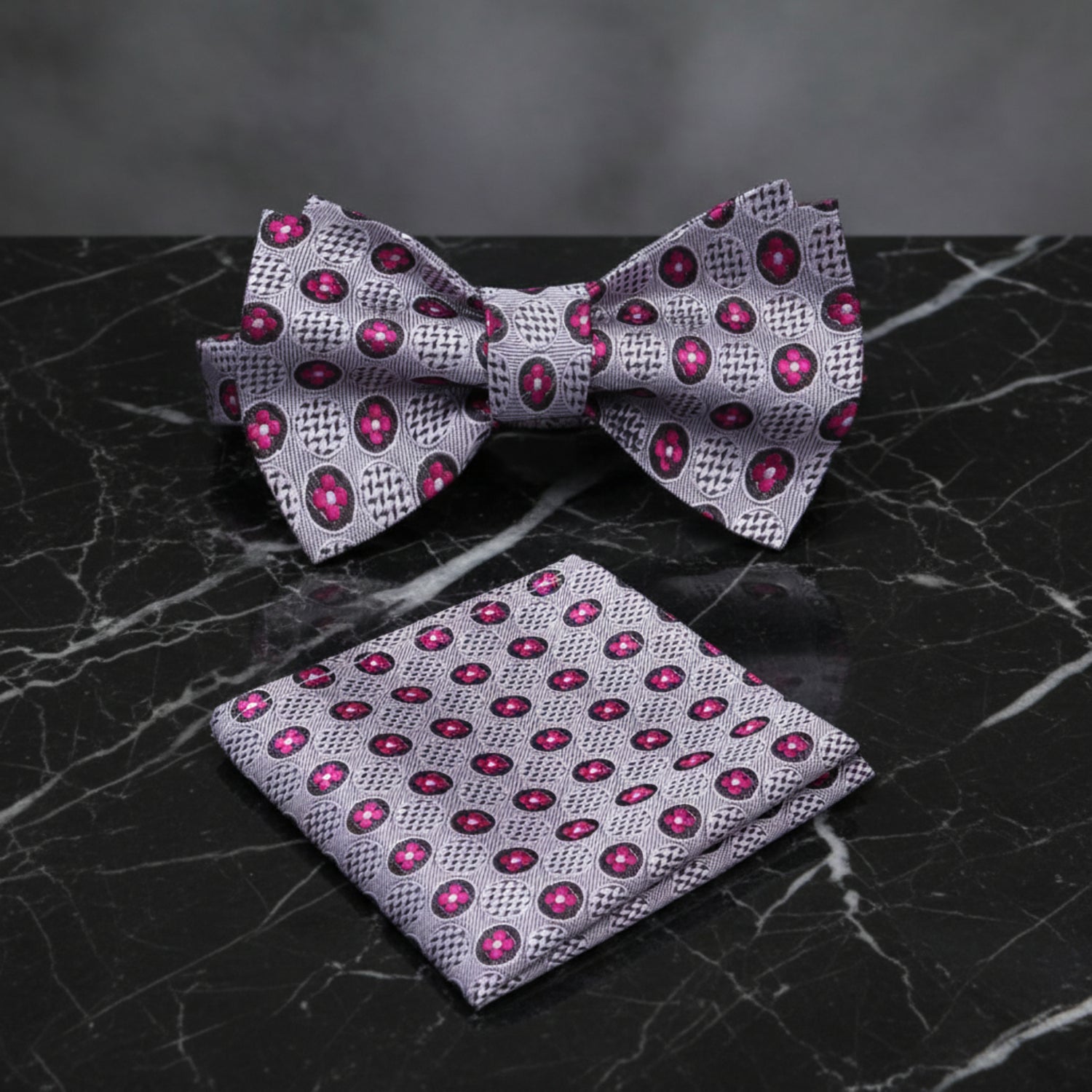 A Grey, Dark Pink Circles and Flowers Pattern Self-Tie Bow Tie, Matching Pocket Square