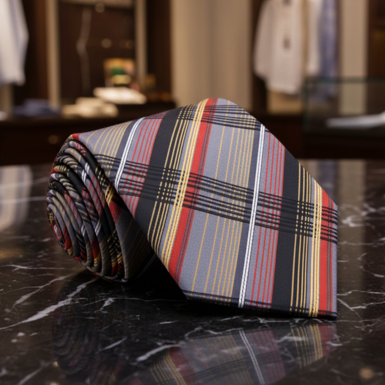 A Grey, Red, Yellow, Black Plaid Pattern Necktie 