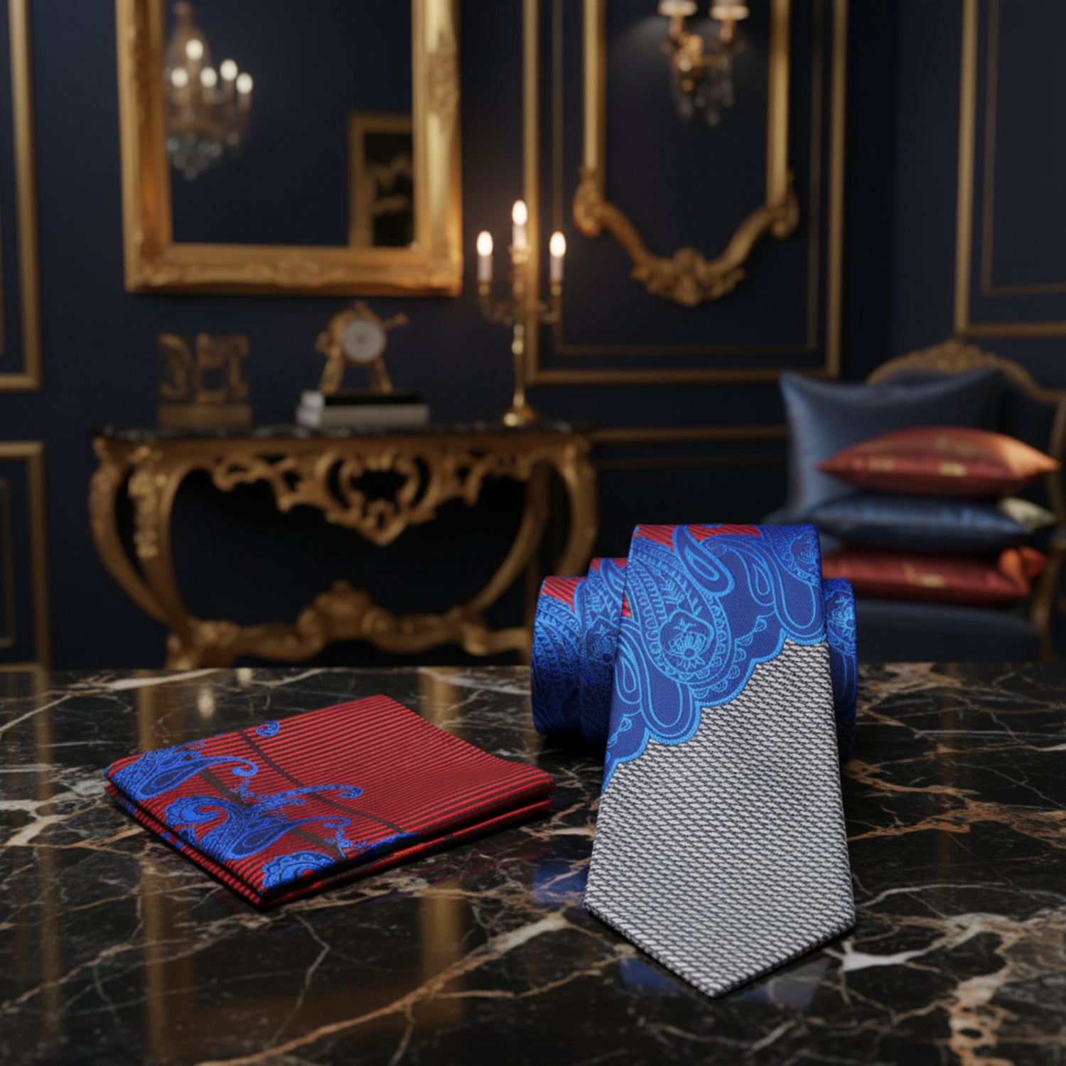 Alt View: Red, Blue Paisley Tie and Square