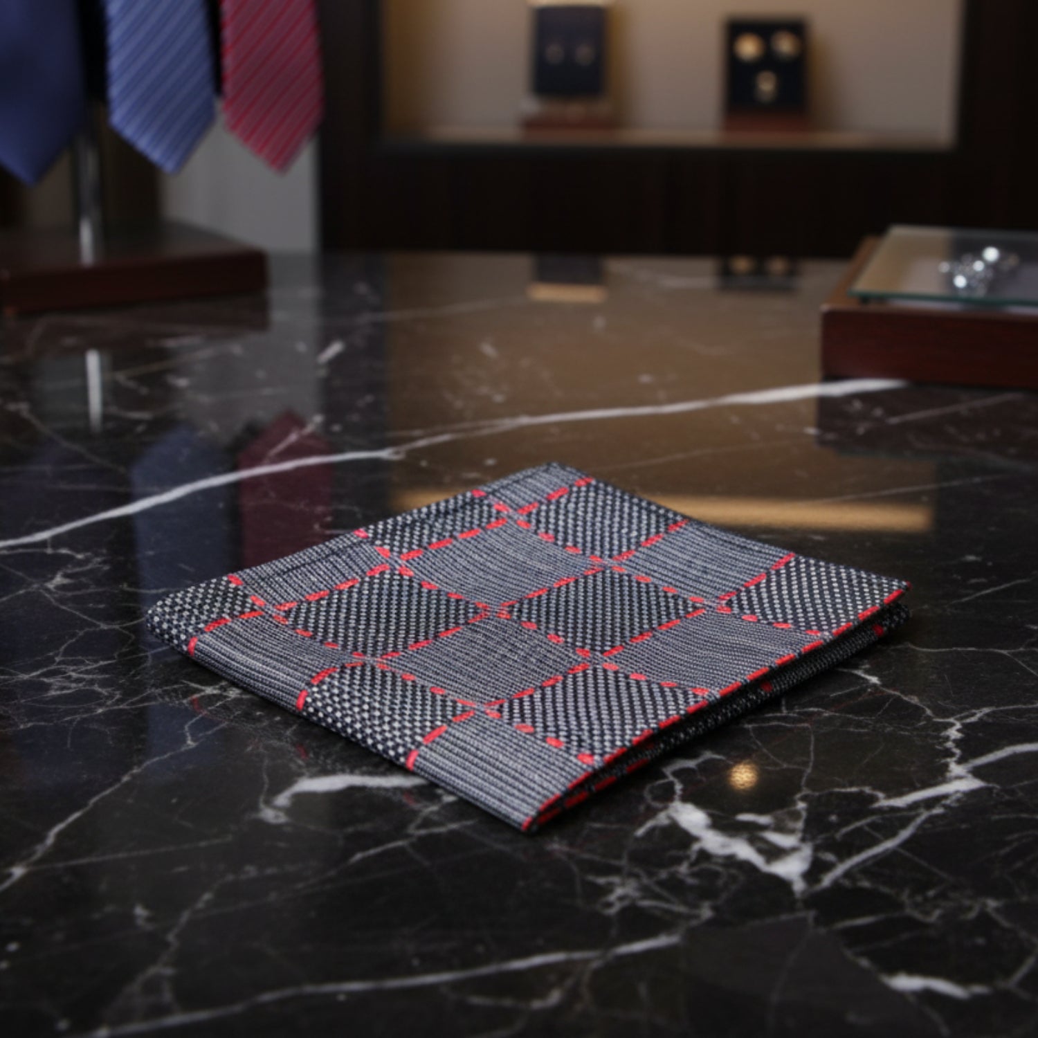 Grey, Black and Red Geometric Silk Pocket Square
