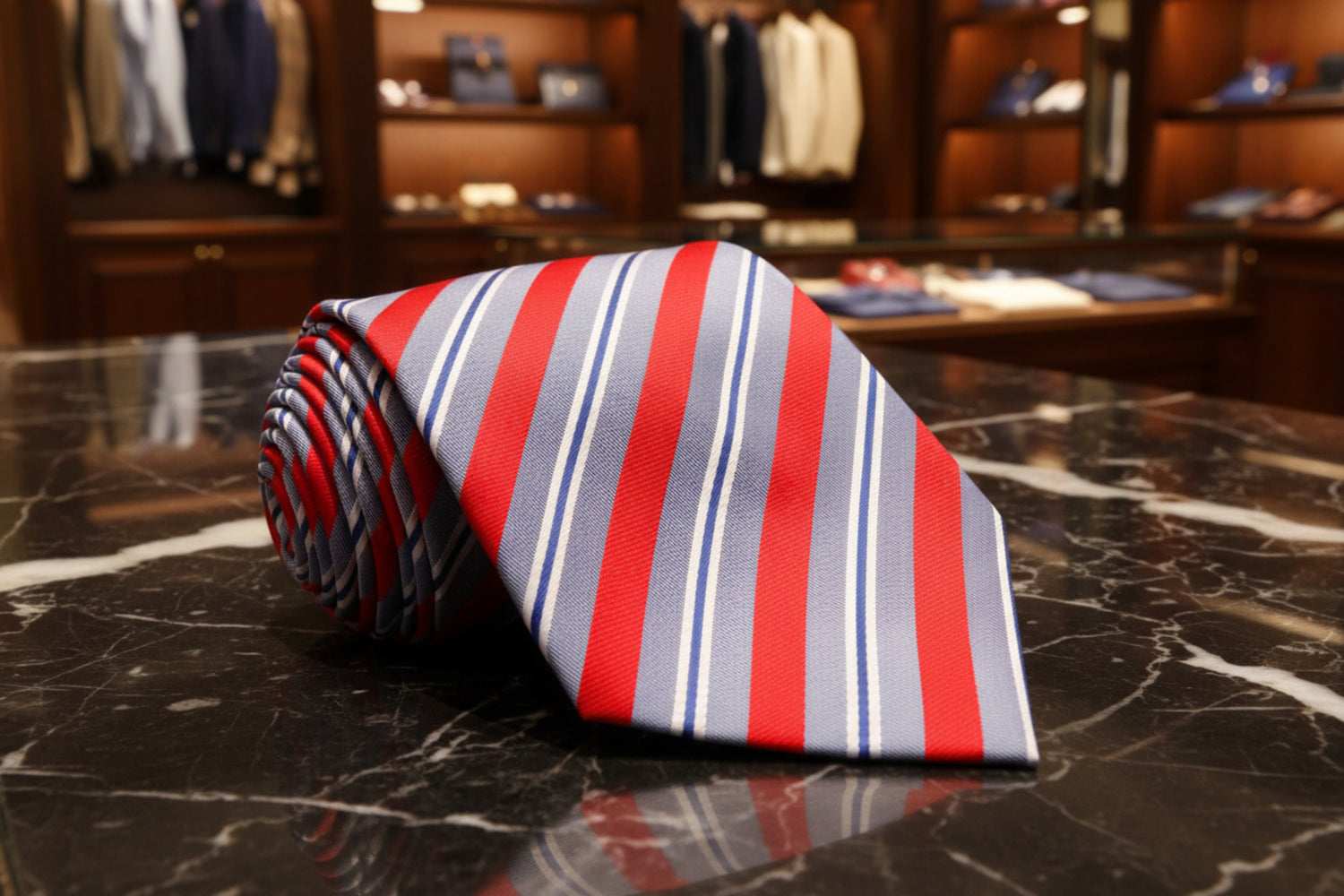 A Grey, Red, White Stripe Pattern Silk Necktie 