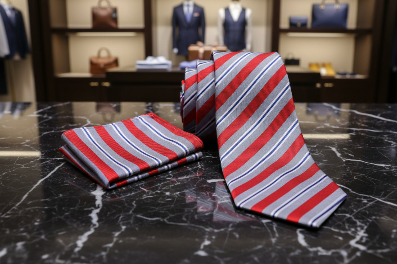 Alt View: A Grey, Red, White Stripe Pattern Necktie, Matching Pocket Square