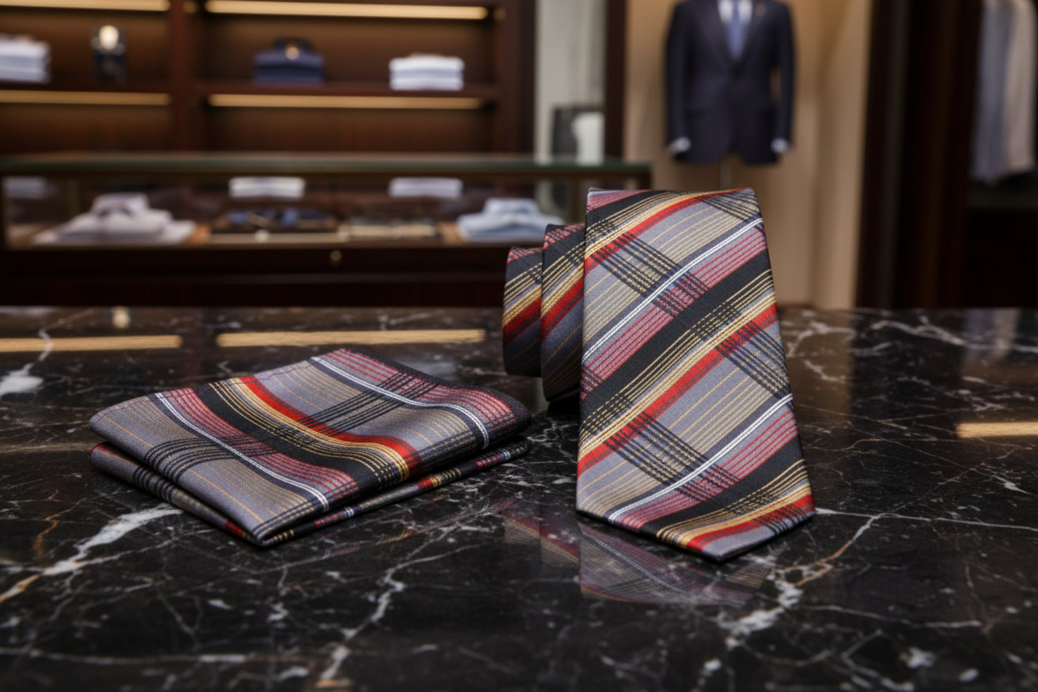 Alt View: A Grey, Red, Yellow, Black Plaid Pattern Necktie, Matching Pocket Square