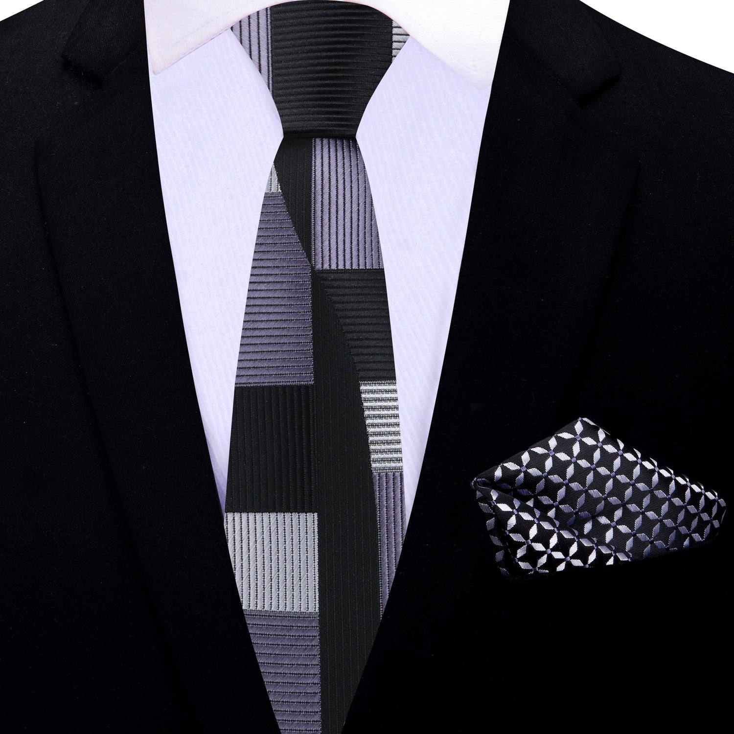 Thin Tie: Silver, Grey and Black Abstract Tie and Black, Grey Geometric Pocket Square