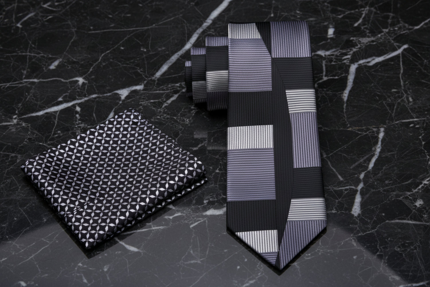 Alt View: Silver, Grey and Black Abstract Tie and Black, Grey Geometric Pocket Square