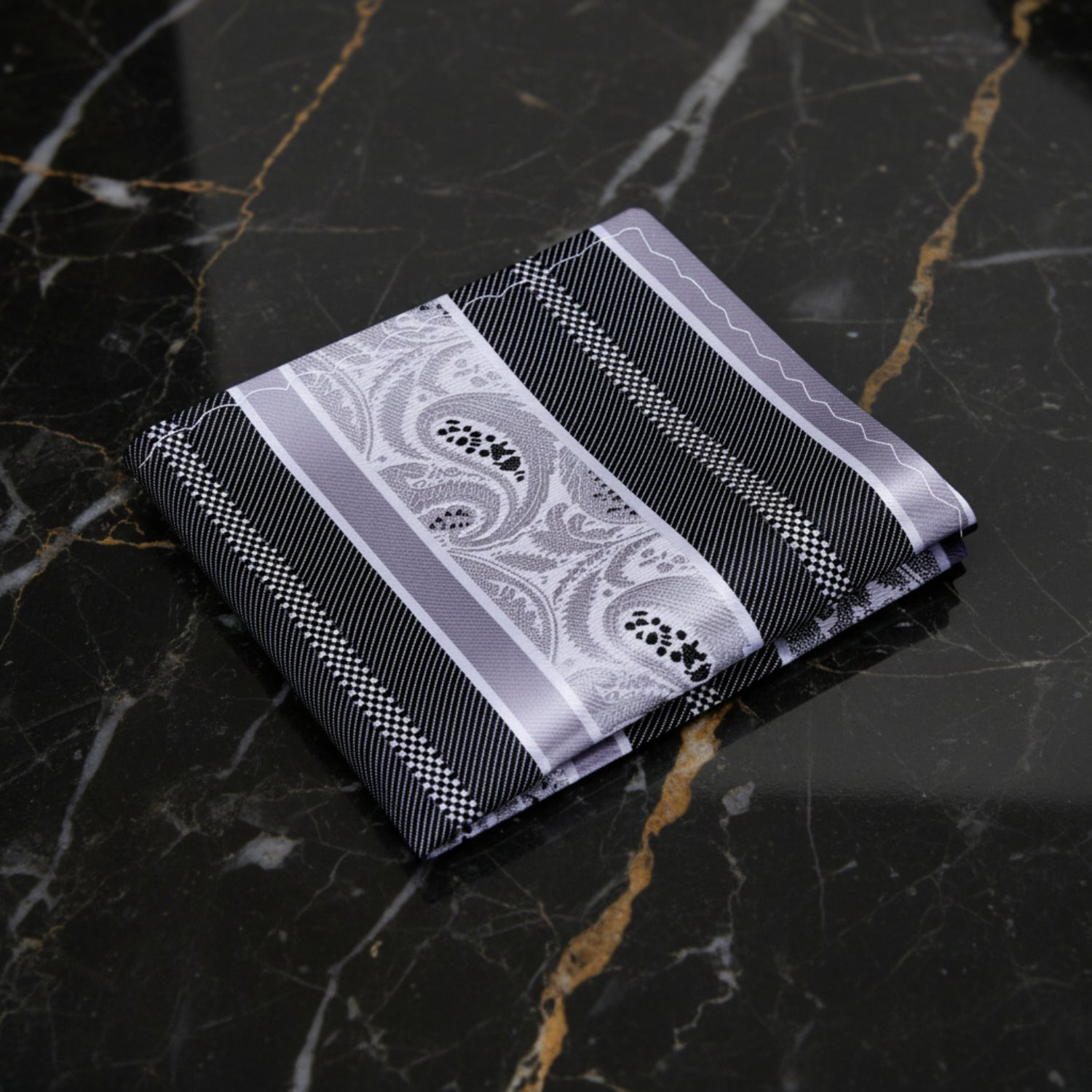 A Grey, Dark Silver Paisley With Stripe Pattern Pocket Square