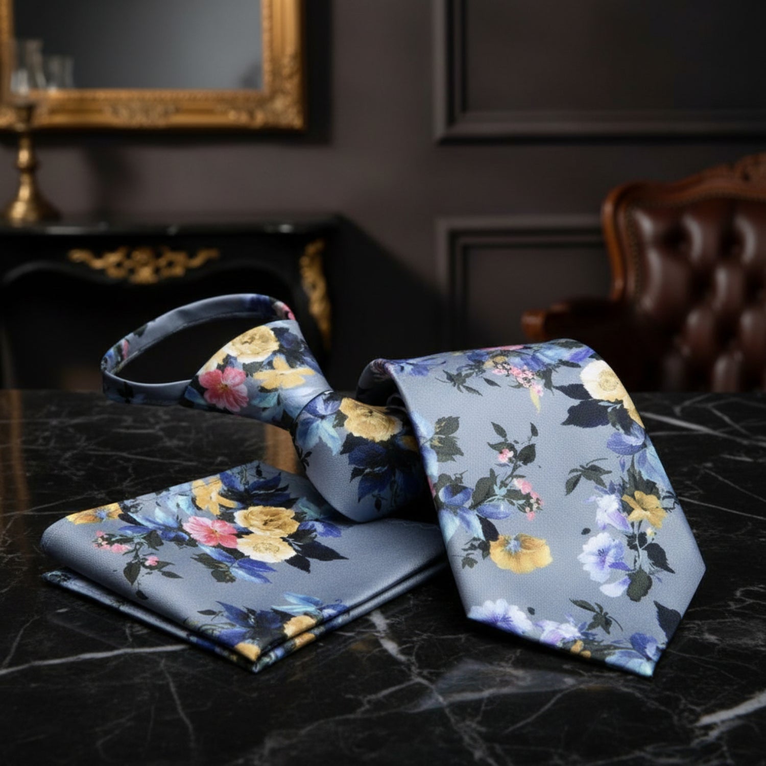 Zipper Grey, Blue, Yellow Still Life of Flowers Tie  