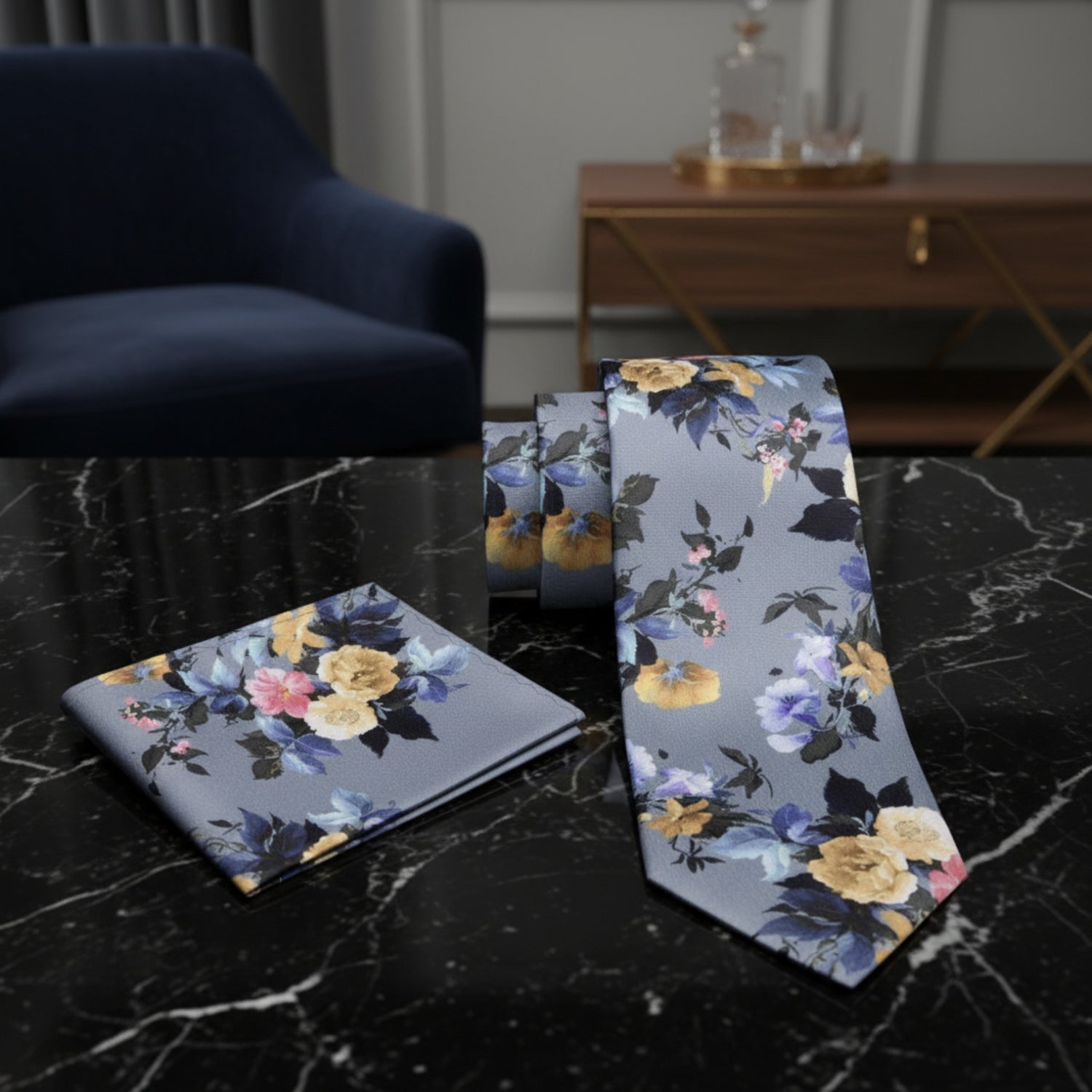 Grey, Blue, Yellow Still Life of Flowers Tie and Square