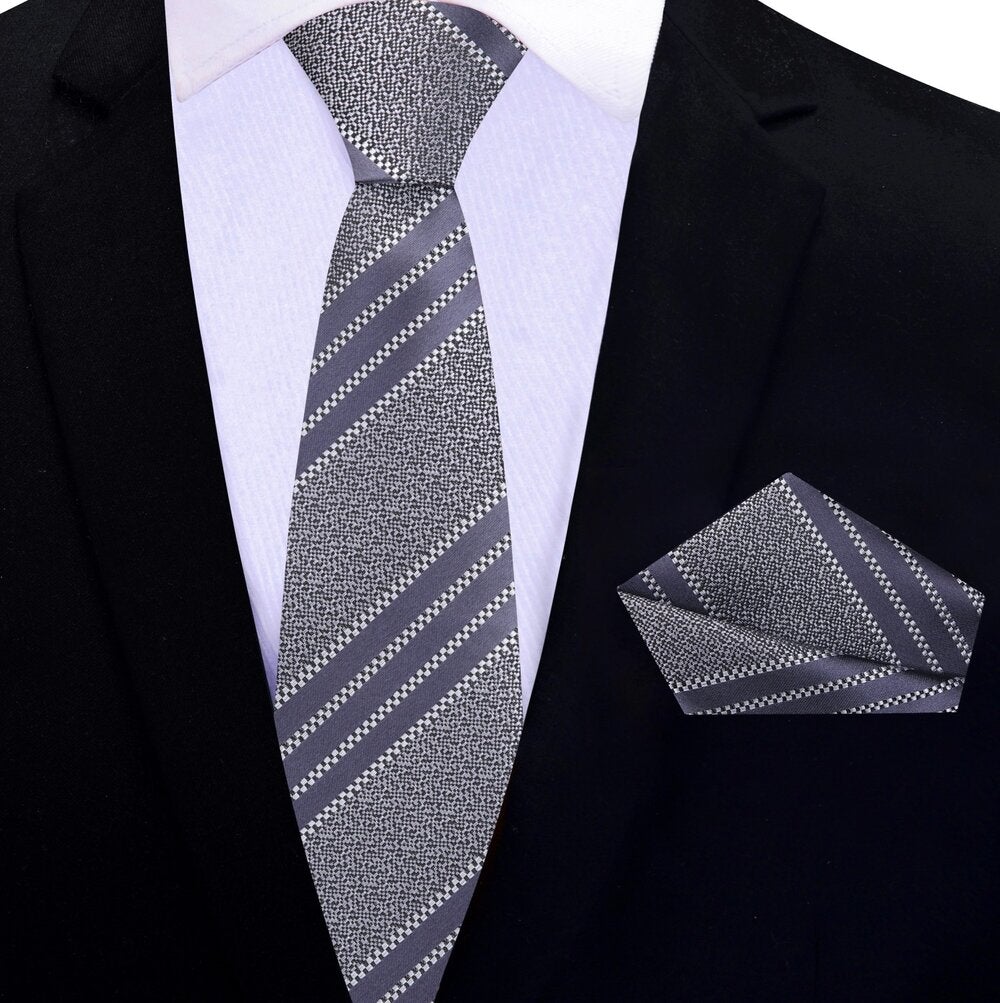 Thin Tie View: Grey, Black Stripe Tie and Pocket Square