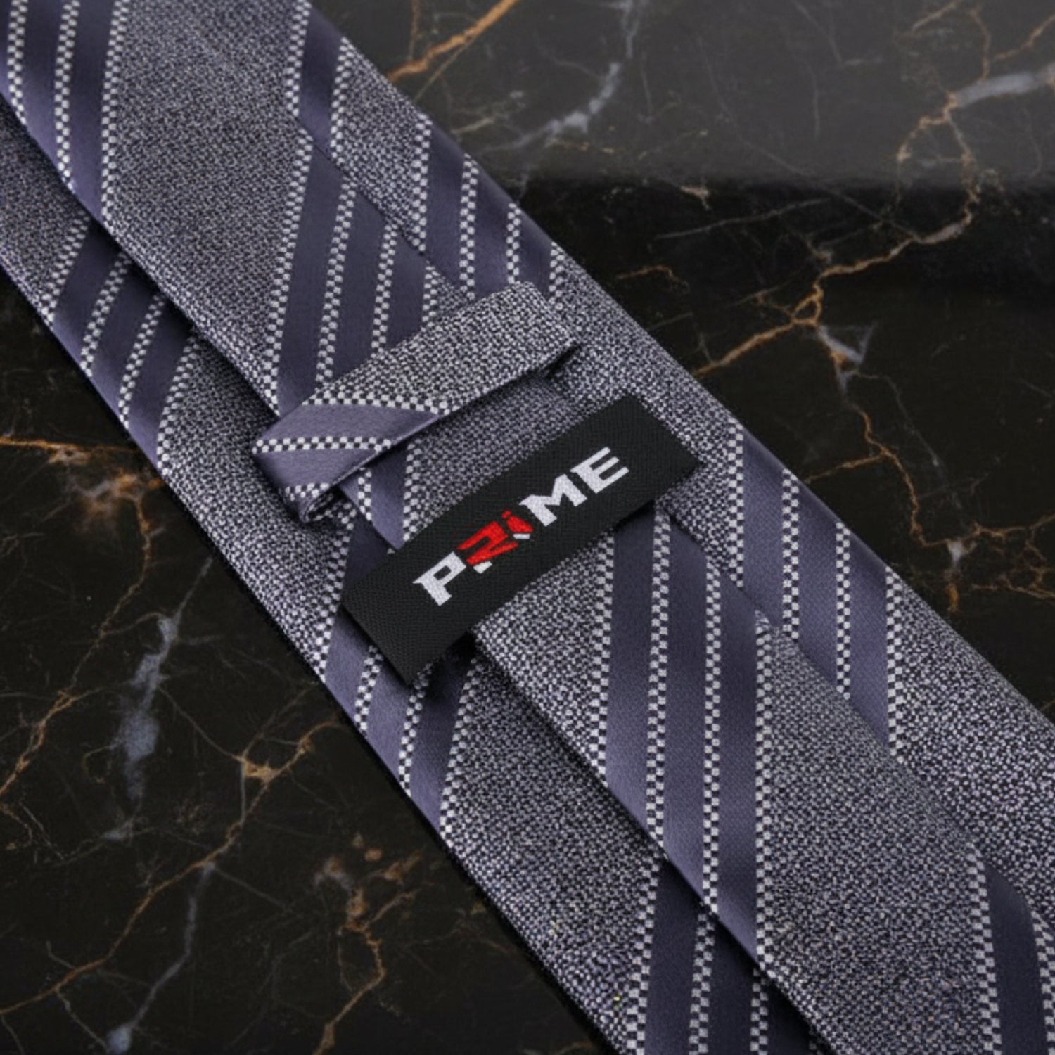 Grey, Black Stripe Tie Showing Tie Keep With PRIME Logo