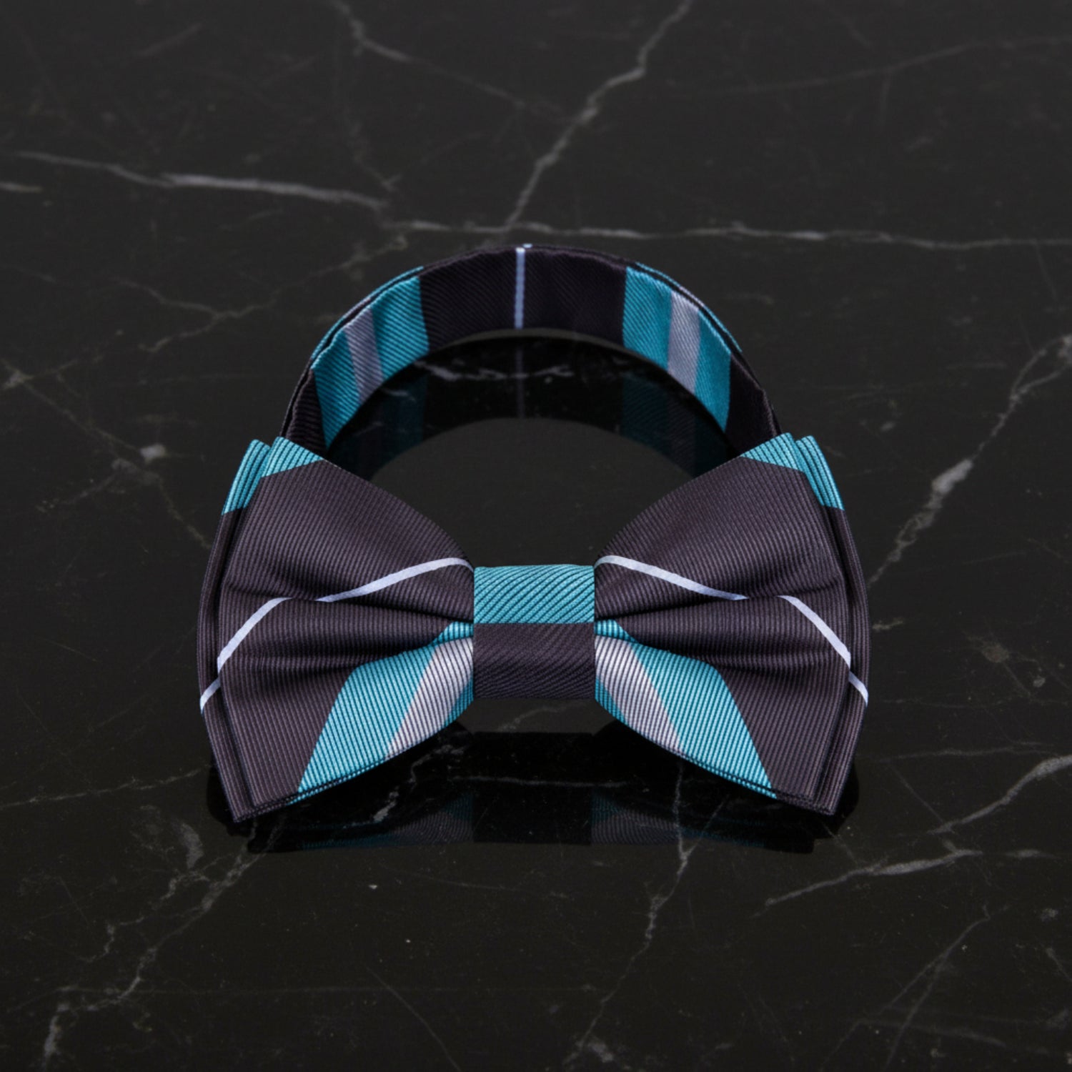 View 2 A Light Blue, Grey, Smoke Stripe Pattern Pre Tied Bow Tie