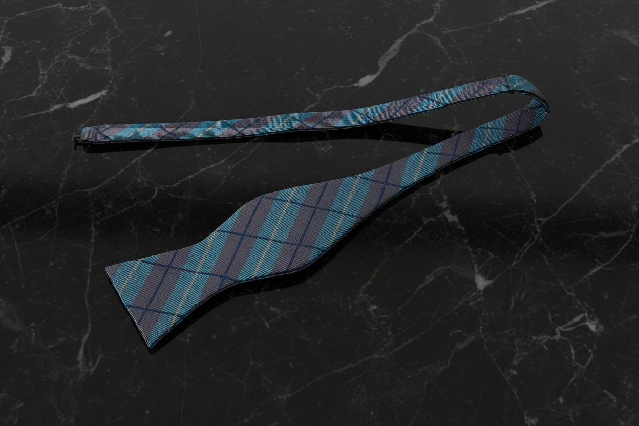 A Teal, Grey Plaid Pattern Self Tie Bow Tie Untied