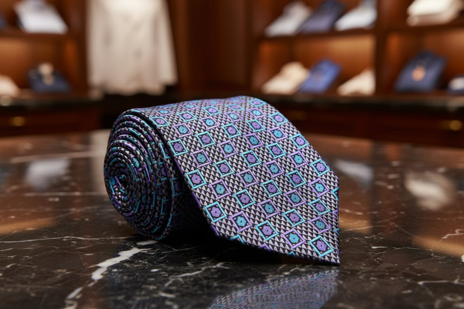 A Grey, Teal, Purple Abstract Shapes Pattern Silk Necktie 
