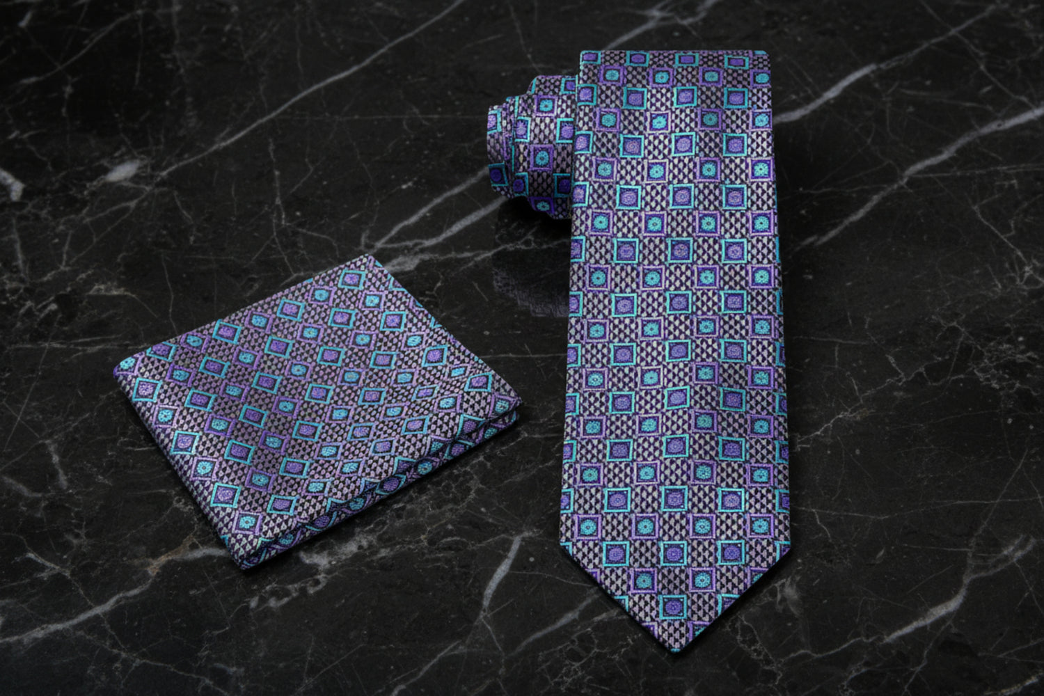 Alt View: A Grey, Teal, Purple Abstract Shapes Pattern Necktie, Matching Pocket Square