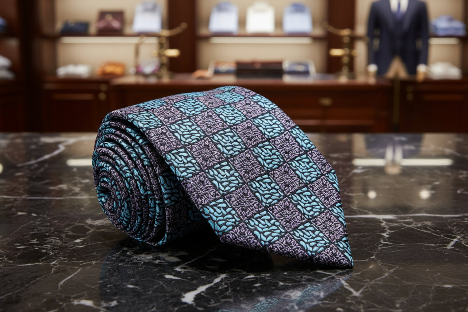 View 3: A Teal And Grey Geometric With Paisley Pattern Necktie.