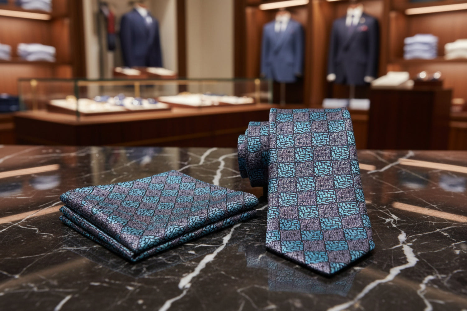 view 2 A Teal And Grey Geometric With Paisley Pattern Necktie, With Matching Pocket Square