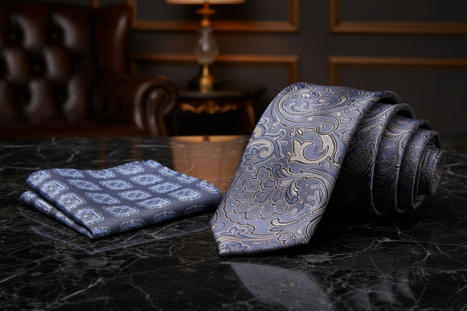 Alt View: A Dark Grey, Grey Abstract Paisley Pattern Necktie, Accenting Pocket Square