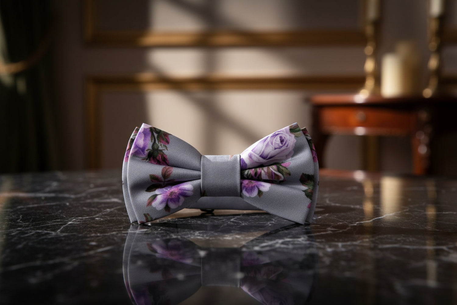 Rainy Day Gray with Plum, Lilac, Lavender Floral Bow Tie