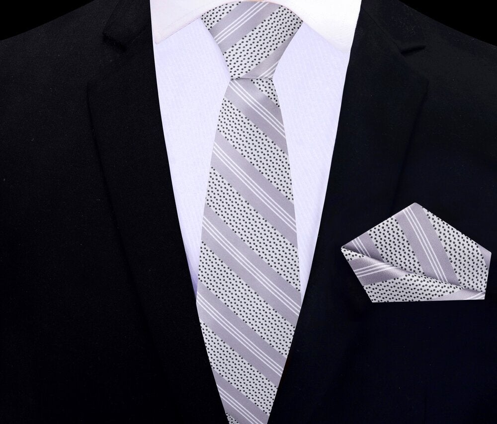 White, Black, Light Grey Stripes With Dot Thin Necktie and Pocket Square
