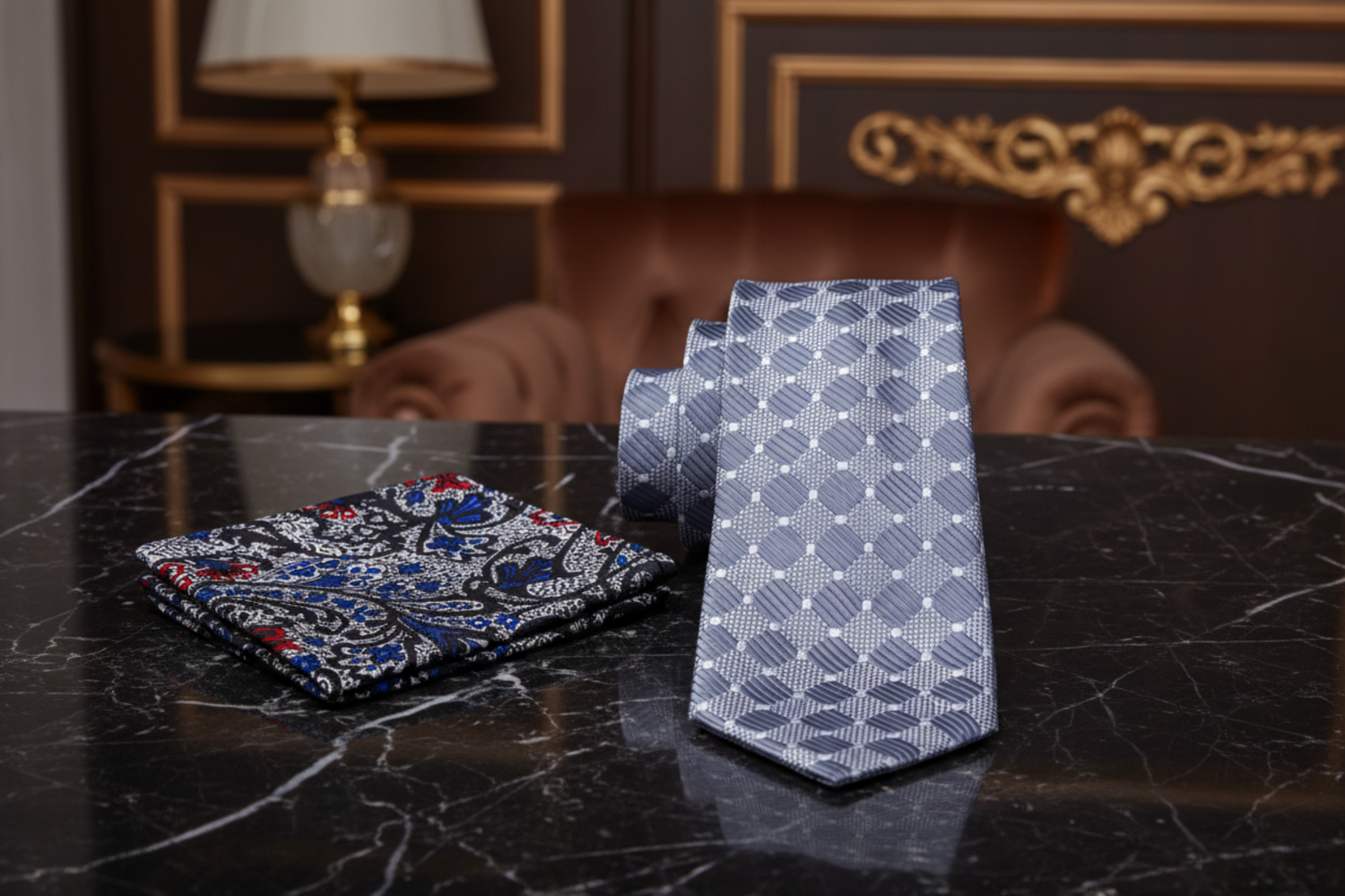 Alt View: Grey, White Geometric Necktie with Grey, Black, Red Paisley Pocket Square