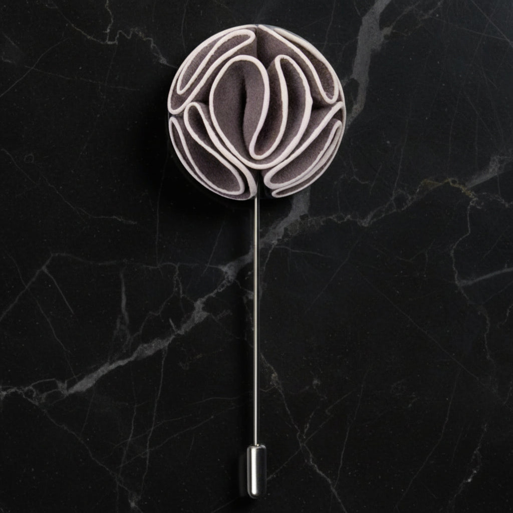 Main View: A Grey, White Leafy Petal Flower Shaped Lapel Pin||Grey, White
