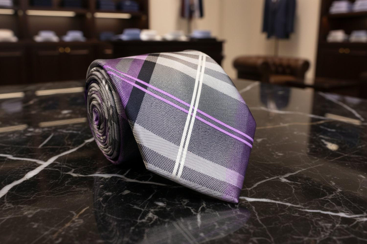 Grey, Purple, Black, White Plaid Tie 