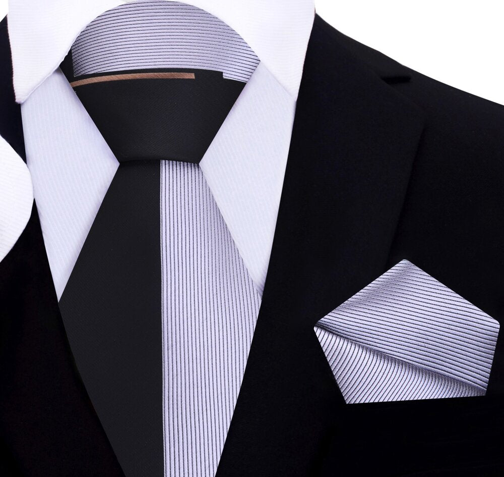 A Black, Silver Geometric Lined Pattern Necktie, Solid Grey Pocket Square