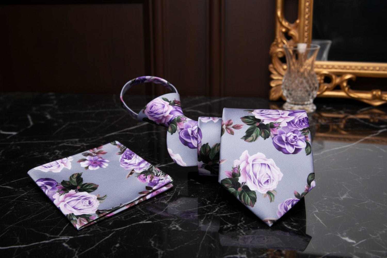 Zipper: A Grey, Plum, Lilac, Lavender Bold Roses With Leaves Pattern Necktie Set, Matching Pocket Square||Gray with Plum, Lilac, Lavender Floral
