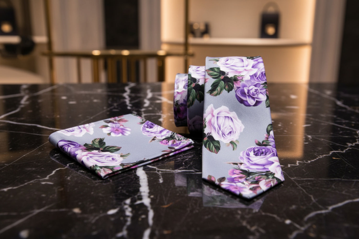 Self tie: A Grey, Plum, Lilac, Lavender Bold Roses With Leaves Pattern Necktie Set, Matching Pocket Square||Gray with Plum, Lilac, Lavender Floral