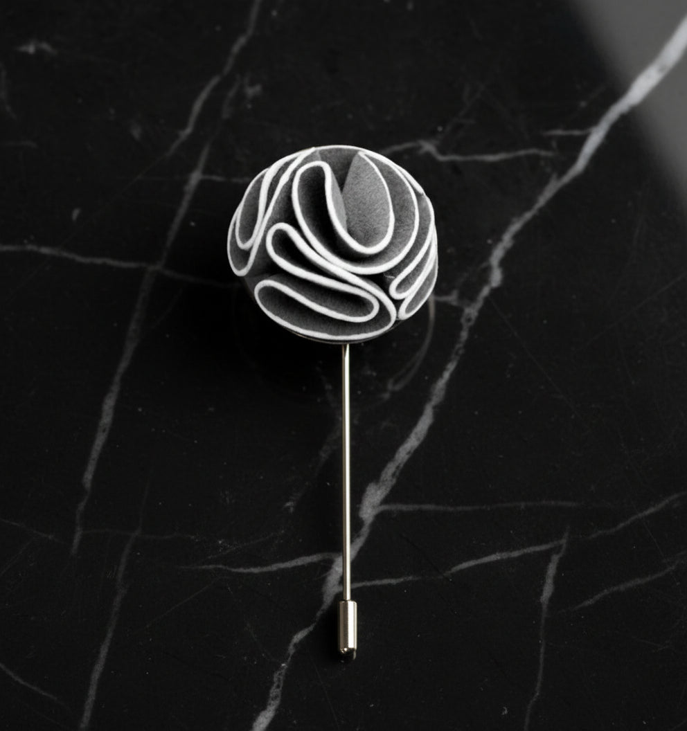 A Grey, White Leafy Petal Flower Shaped Lapel Pin||Grey, White