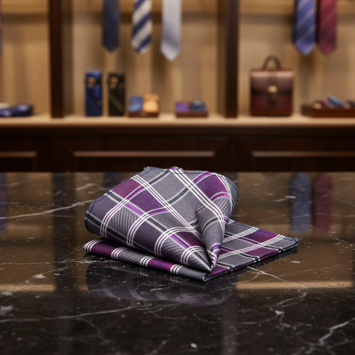 Grey, Purple Check Pocket Square