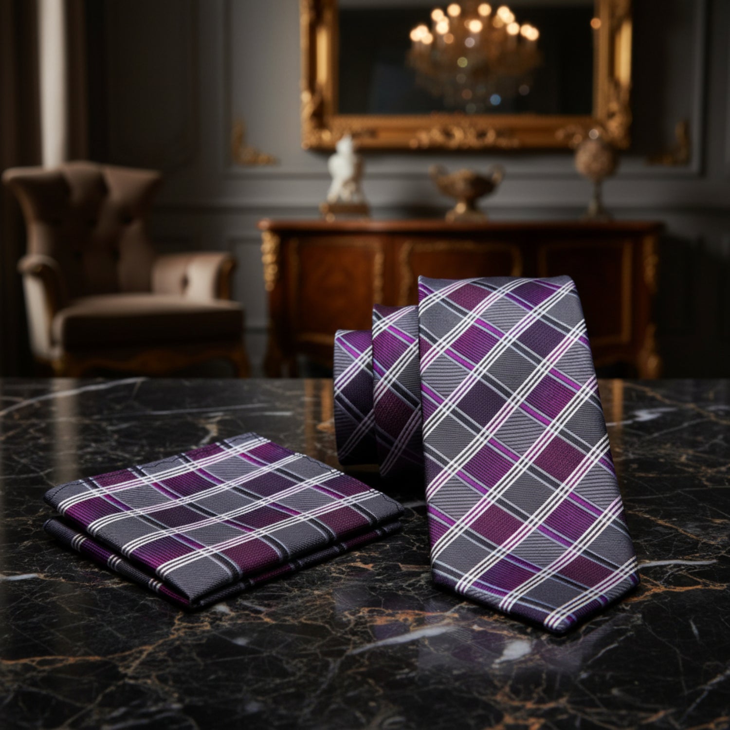 Grey, Purple Check Tie and Pocket Square