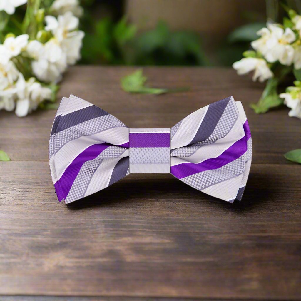 Light Grey, Silver, Orbit Purple, Court Purple Stripe Bow Tie