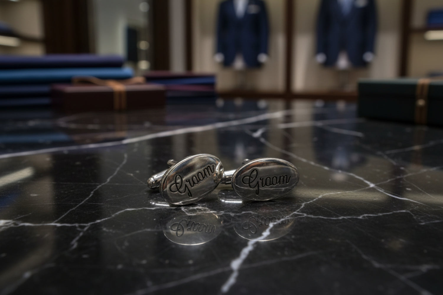 A Chrome and Black Color Oval Shaped Cuff-links set that says Groom on each||Chrome, Black Groom