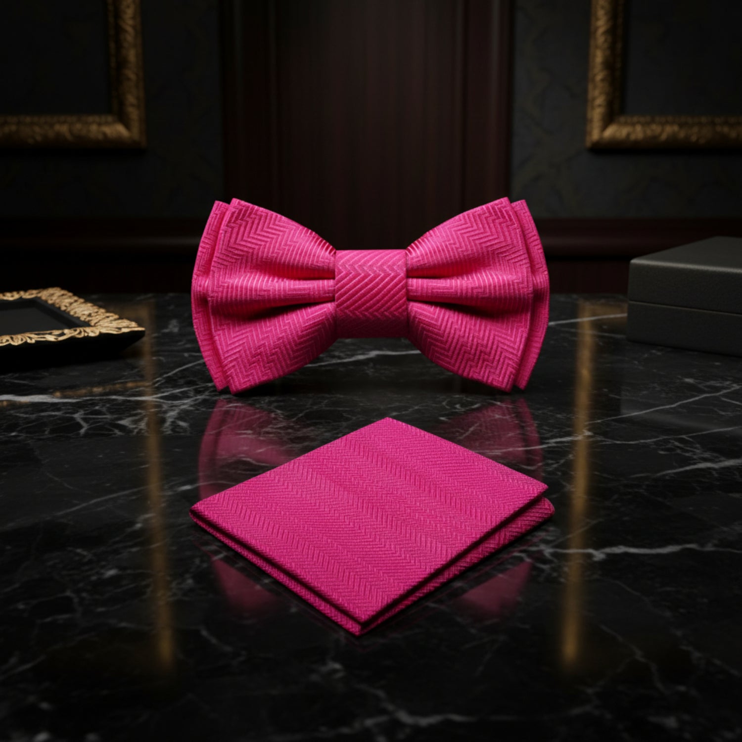 A Gumball Pink Solid Pattern Self Tie Bow Tie, Matching Pocket Square