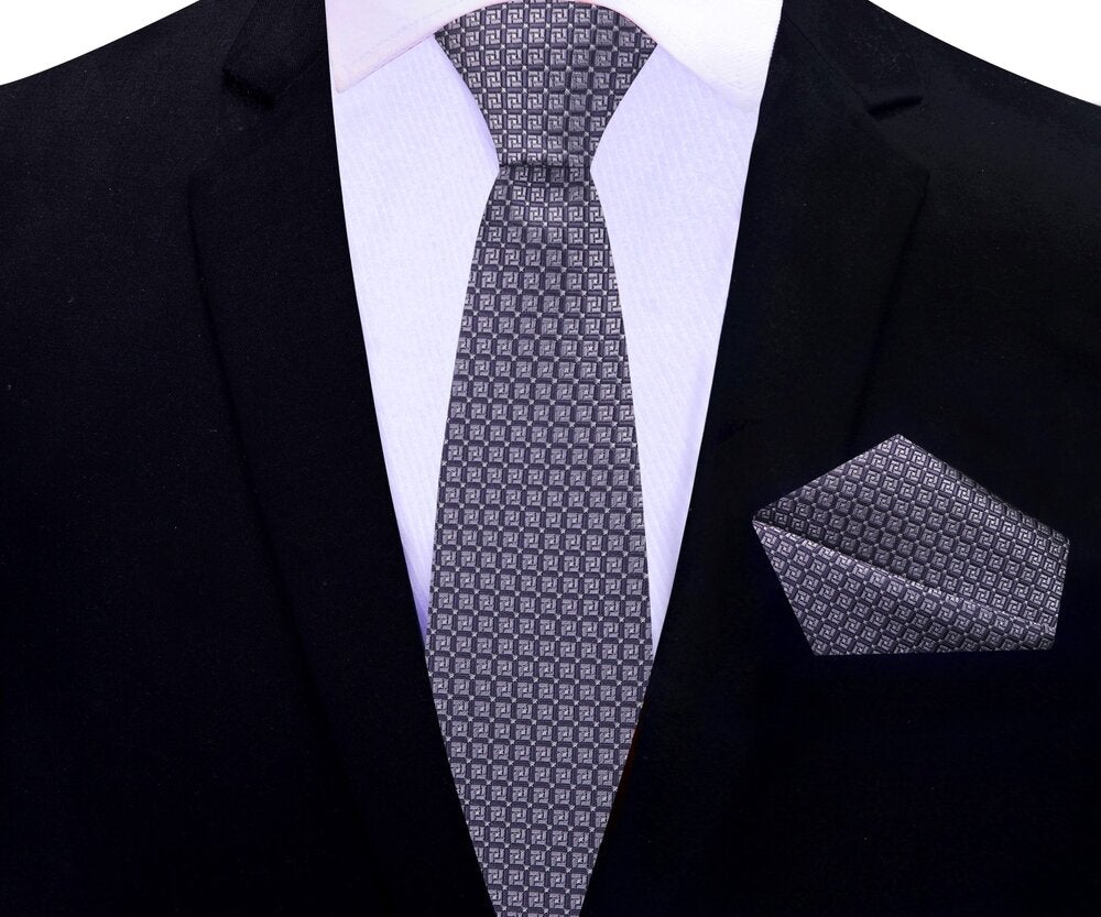 Gun Metal Grey Geometric Thin Tie and Pocket Square