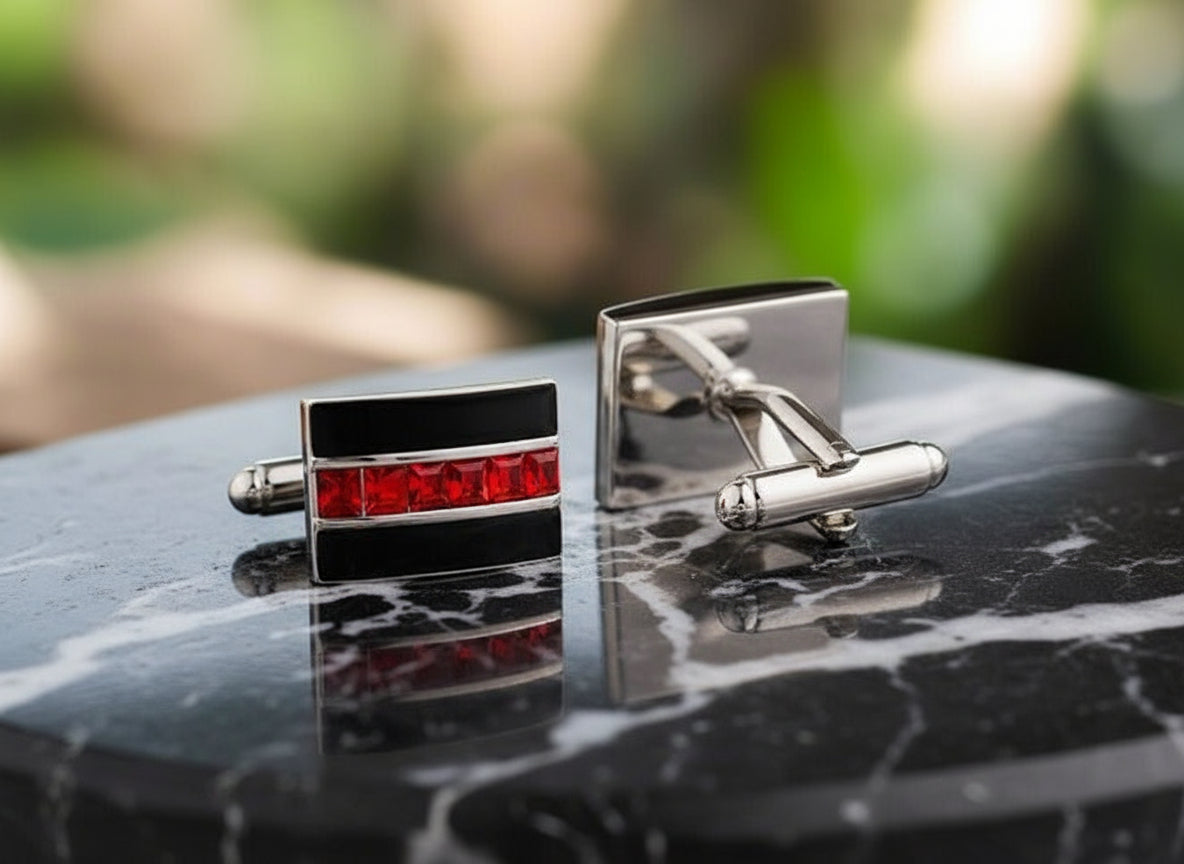 View 2: A Black with Red Gemstones Cuff-links